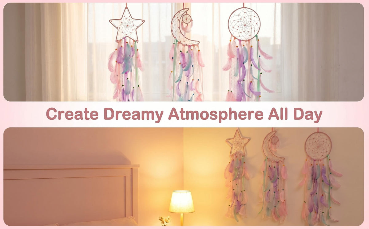 Dream Catcher Wall Decor Set of 3 – Star Moon Sun Boho Room Decor for Teen Girls & Kids Bedroom