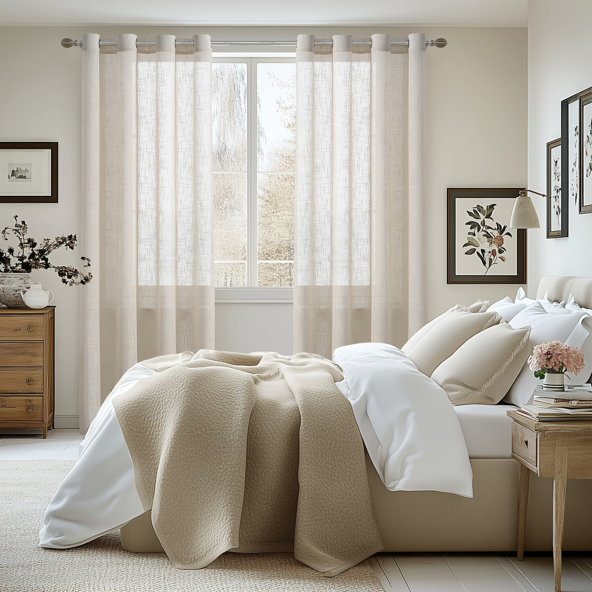Linen Textured Semi-Sheer Grommet Curtains – Light Filtering Farmhouse Panels | Set of 2