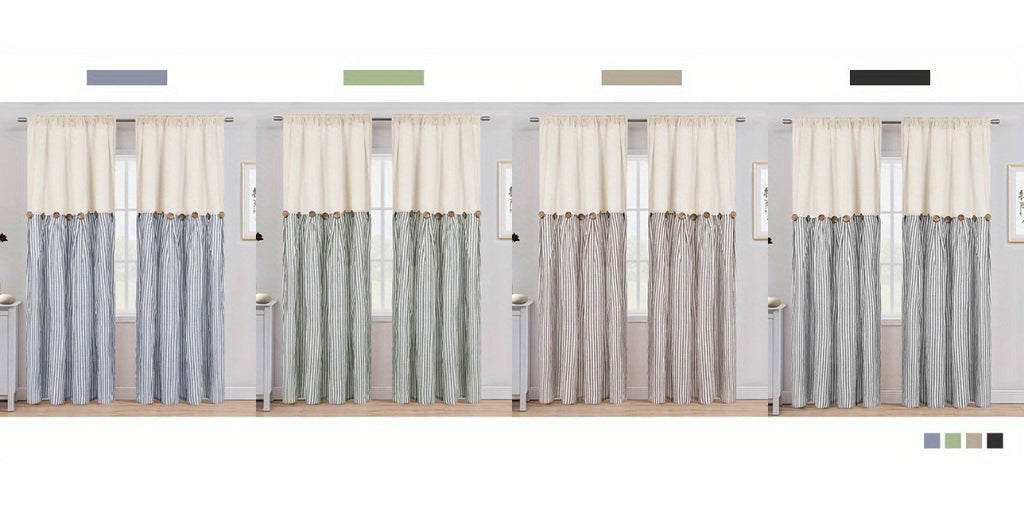Bohemian Semi-Sheer Linen Cotton Curtains Grommet Top – Patchwork Country Cottage Window Drapes, 1 or 2 Panels, All Season, Bedroom Living Room Kitchen Bathroom Cafe Decor | Blue Green Dark Blue