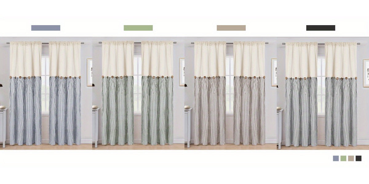 Bohemian Semi-Sheer Linen Cotton Curtains Grommet Top – Patchwork Country Cottage Window Drapes, 1 or 2 Panels, All Season, Bedroom Living Room Kitchen Bathroom Cafe Decor | Blue Green Dark Blue