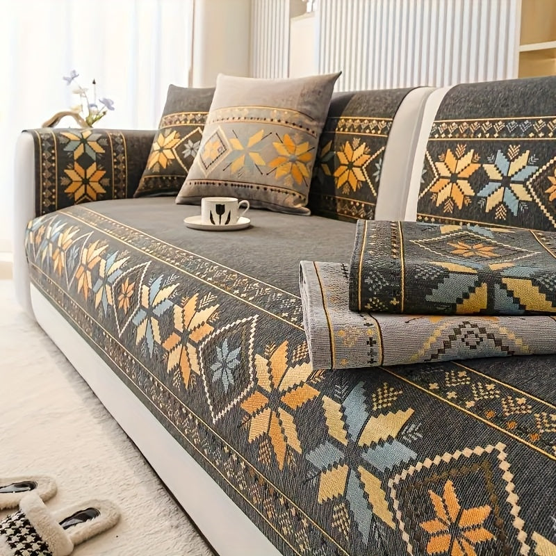 Chenille Sofa Slipcover Non-Slip Removable Couch Cover, 100% Polyester Boho Vintage Style Sofa Towel for 1 to 4-Seater Sofas & Armrests, Four Seasons Universal Home Decor in Dark Gray, Light Gray & Blue