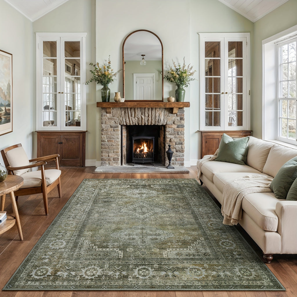 Washable Area Rug Sage Green Vintage Print - Low Pile Non-Slip Backing, Machine Washable Thin Flat Rug for Living Room Bedroom Entryway, Multiple Sizes