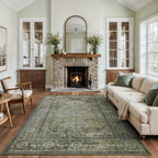 Washable Area Rug Sage Green Vintage Print - Low Pile Non-Slip Backing, Machine Washable Thin Flat Rug for Living Room Bedroom Entryway, Multiple Sizes