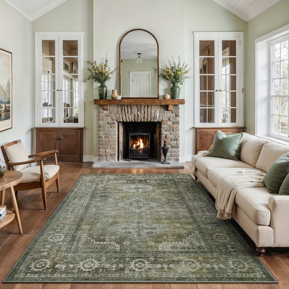 Washable Area Rug Sage Green Vintage Print - Low Pile Non-Slip Backing, Machine Washable Thin Flat Rug for Living Room Bedroom Entryway, Multiple Sizes