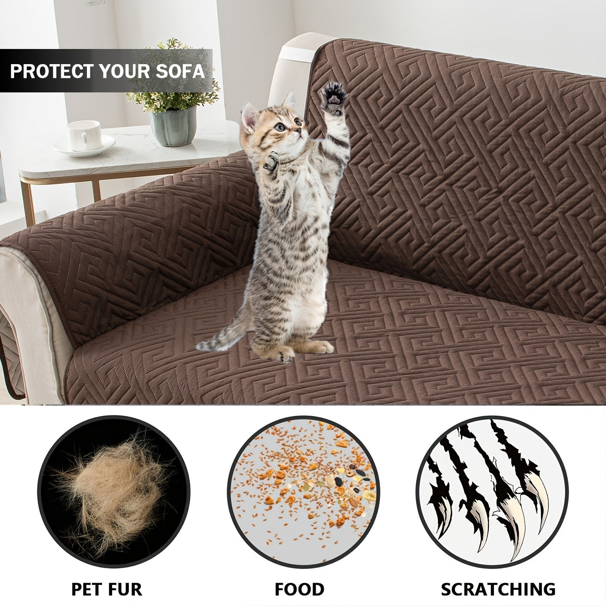 Quilted Sofa Cover One-Piece Cushion Slipcover with Anti-Slip Elastic Band – Pet-Friendly Scratch-Resistant Washable Removable Furniture Cover for Living Room Bedroom Hotel Home Decor
