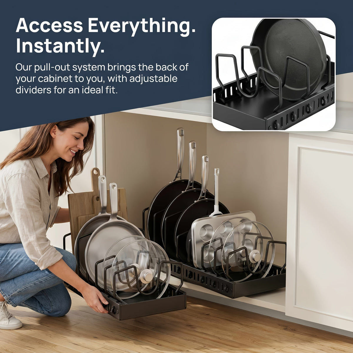 Pull Out Cabinet Organizer Under Cabinet Pot and Pan Rack Sliding Storage with Adjustable Dividers for Pot Lids Bakeware Plates