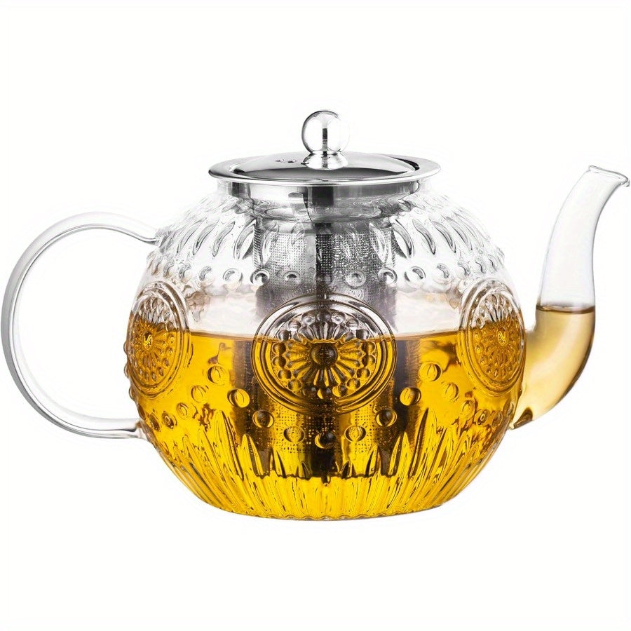 Vintage Glass Teapot with Removable Infuser 50oz 1500ml Stovetop Safe Borosilicate Tea Kettle for Blooming Loose Leaf Herbal Tea Sunflower Relief Design