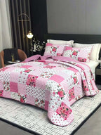 Pink Patchwork Quilted Bedspread Set 3 Piece – Sweet Floral Print, 1 Bedspread + 2 Pillowcases, Soft Breathable All-Season Bedding, Machine Washable, Twin Full/Queen King, Bedroom & Dorm Decor