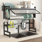 Multi-Tier Dish Rack with Dust-Proof Cover – Black Kitchen Countertop Drying Rack for Dishes, Drain Rack for Kitchen Sink, Space-Saving Utensil Storage Organizer for Household Kitchen