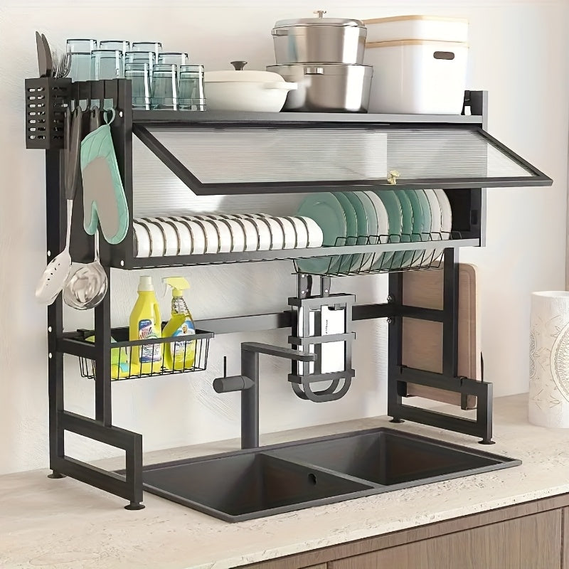 Multi-Tier Dish Rack with Dust-Proof Cover – Black Kitchen Countertop Drying Rack for Dishes, Drain Rack for Kitchen Sink, Space-Saving Utensil Storage Organizer for Household Kitchen