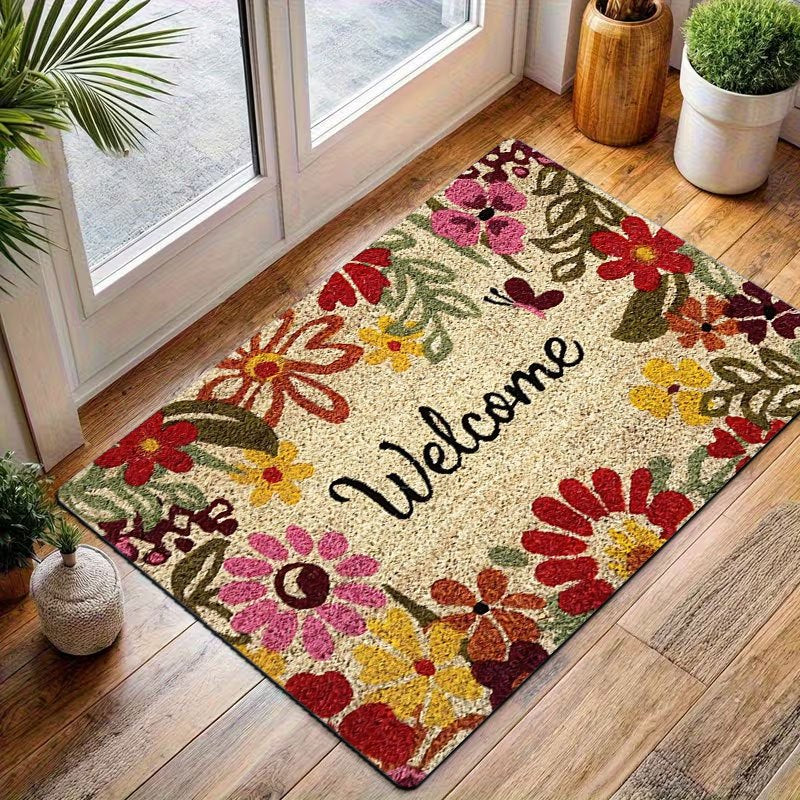 Floral Butterfly Door Mat Indoor Welcome Rug – Non-Slip Flannel Entry Mat, Colorful Vintage Garden Style, Soft & Easy Clean | 20x30 24x36 | Nuvia Haven