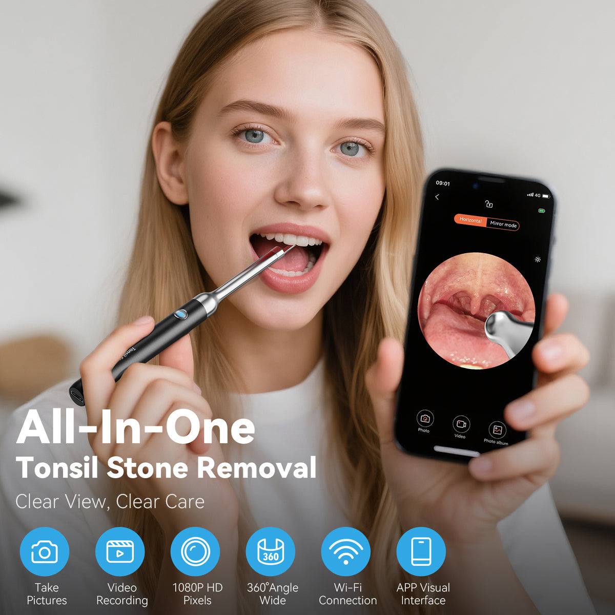 Tonsil Stone Remover with 1080P HD Camera - Visual Removal Kit 6 LED Lights 5 Stainless Tips USB Rechargeable iOS Android App Oral Care Tool