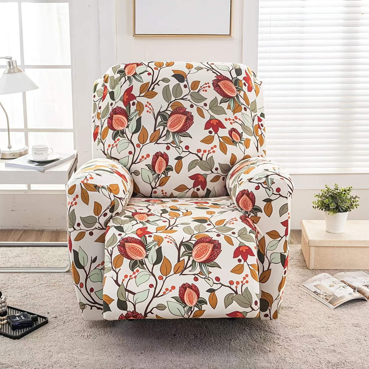 Recliner Slipcover Set of 4 with Side Pocket, Extra Large Jacquard Stretch Furniture Protector Cover, Elastic Band Closure, 92% Polyester All-Season Recliner Chair Cover for Living Room, 10 Patterns