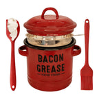 Enamel Cooking Grease Container with Fine-Mesh Strainer – Grease Saver & Oil Keeper with Spatula-Storing Handle, Farmhouse Kitchen Decor (Red or Blue)