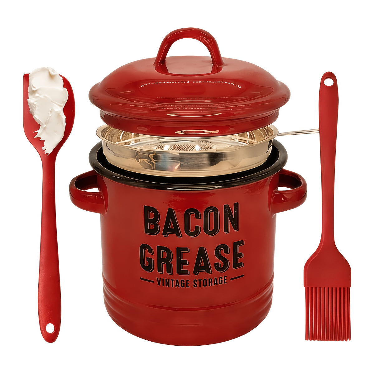 Enamel Cooking Grease Container with Fine-Mesh Strainer – Grease Saver & Oil Keeper with Spatula-Storing Handle, Farmhouse Kitchen Decor (Red or Blue)