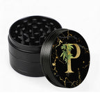 Manual Spice & Herb Grinder with Pollen Catcher - Personalized A-Z Initial Letter Metal Crusher, Portable 2 Inch Golden Marble Alphabet Design, Gift for Smokers & Herb Lovers (Black)
