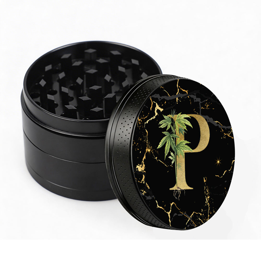 Manual Spice & Herb Grinder with Pollen Catcher - Personalized A-Z Initial Letter Metal Crusher, Portable 2 Inch Golden Marble Alphabet Design, Gift for Smokers & Herb Lovers (Black)