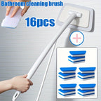 2-in-1 Bath Scrubber & Squeegee 16-Piece Cleaning Brush System with 22" Handle – 90° Rotating Head, Replaceable Sponge, Nylon Bristles for Bathroom, Kitchen, Patio & Outdoor Surfaces
