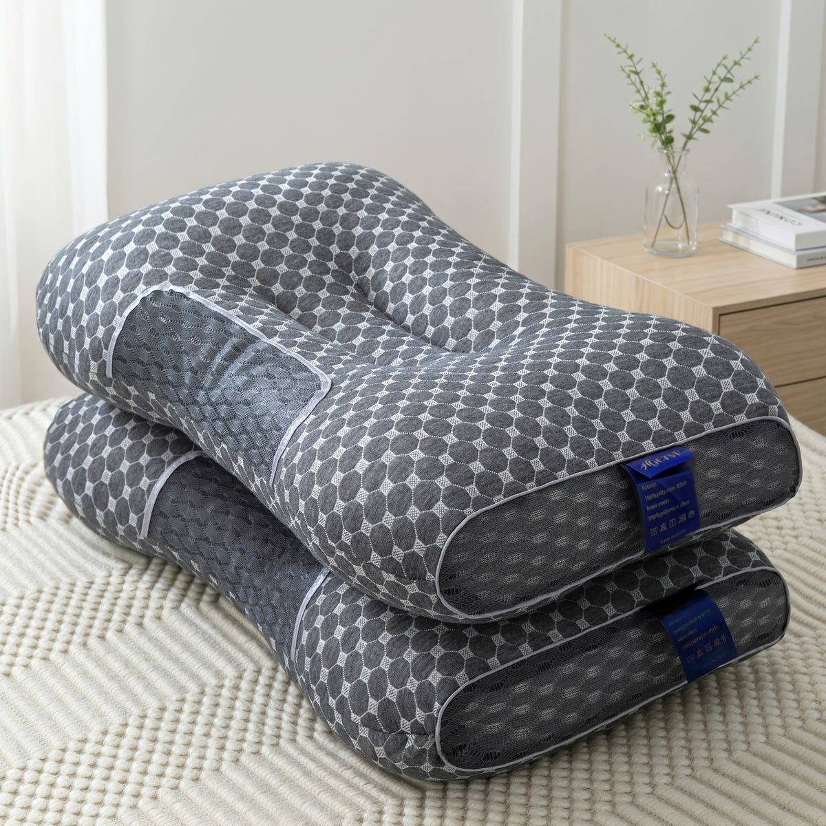 Ergonomic Neck Pillow 2-Pack with 3D Honeycomb Mesh Surface, Breathable Cooling Anti-Sweat Sleep Pillow, Soft Supportive Cushioning for Side and Back Sleepers
