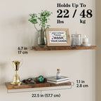 Wall Mounted Rustic Floating Shelves 22.5 Inch Set of 2 – Wood Hanging Shelf with 22 lbs Capacity for Bathroom, Bedroom, Living Room, Kitchen & Office Books Storage and Room Decor