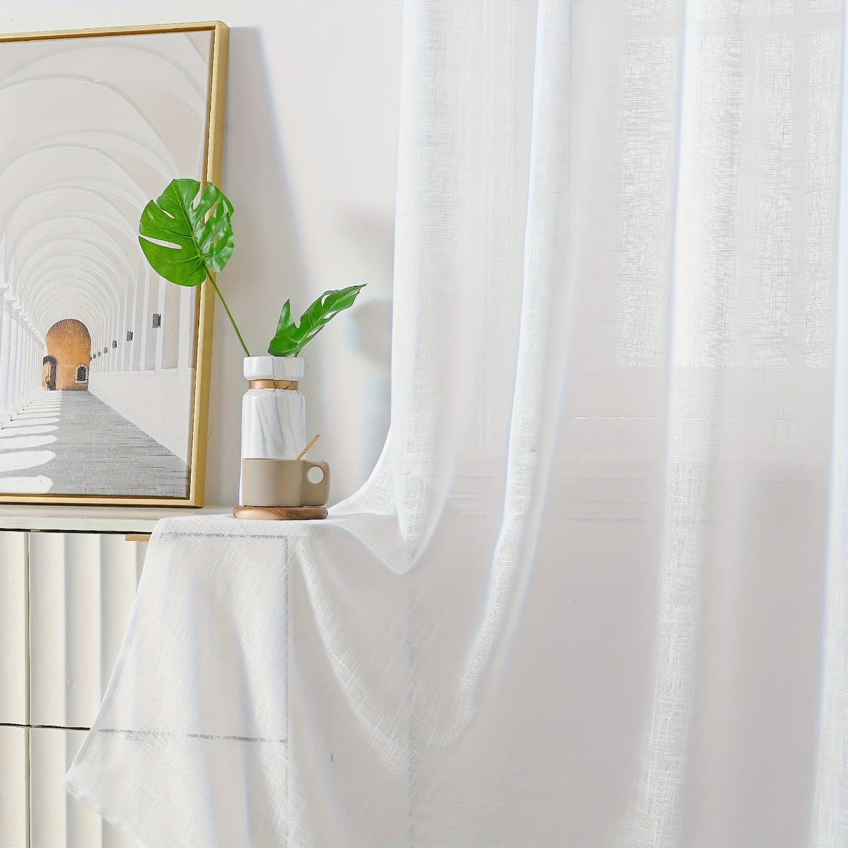 Linen Textured Semi-Sheer Grommet Curtains – Light Filtering Farmhouse Panels | Set of 2