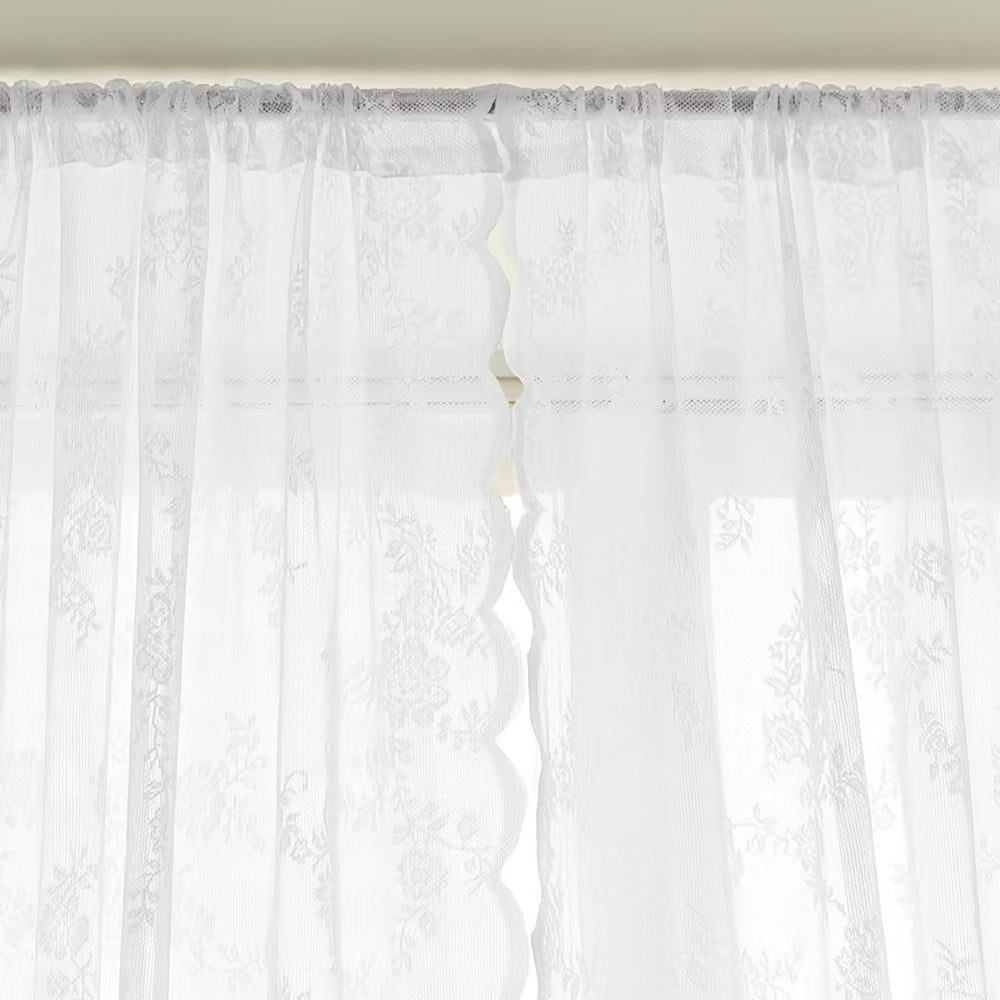 Vintage Floral Lace Sheer Curtains 2 Panels - Yarn-Dyed Dotted Netting Rustic Pastoral Semi-Sheer, 59" Wide Light Filtering Machine Washable for Living Room Kitchen Door Outdoor Wedding, White Green Black