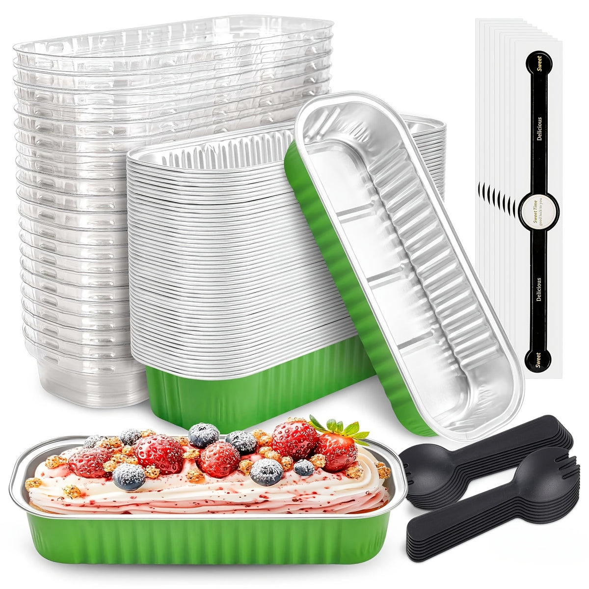 100 Pack Mini Aluminum Foil Cake Pans with Lids and Spoons - 6.8oz Rectangular Baking Pans for Mini Cheesecakes Desserts and Holiday Baking - Disposable Bakeware Set