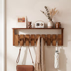 Wall Mounted Coat Rack Foldable Hooks Solid Rubberwood 6 or 8 Hooks 22 lbs Capacity Floating Shelf Dual Installation Drilling or Adhesive for Entryway Bedroom Bathroom Living Room