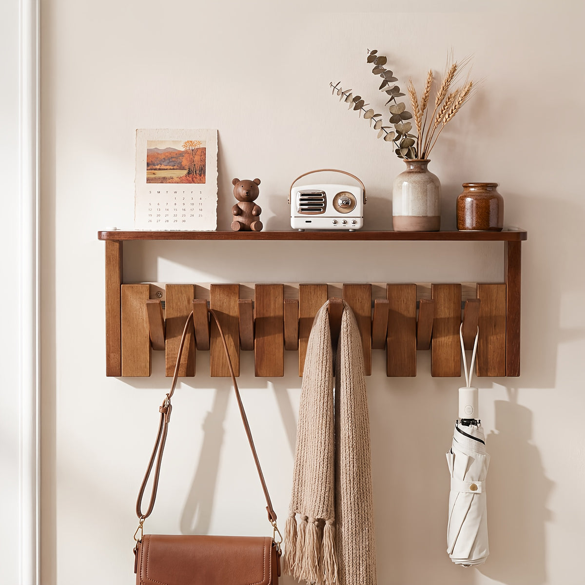Wall Mounted Coat Rack Foldable Hooks Solid Rubberwood 6 or 8 Hooks 22 lbs Capacity Floating Shelf Dual Installation Drilling or Adhesive for Entryway Bedroom Bathroom Living Room