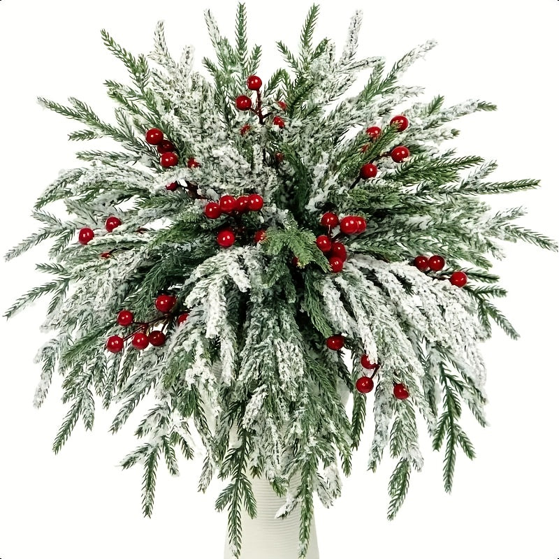 Artificial Christmas Greenery Stems with Red Berries 20pcs 14 Inch Flocked Norfolk Pine Picks for DIY Wreaths Xmas Tree Holiday Centerpiece Indoor Home Vase Filler Decor