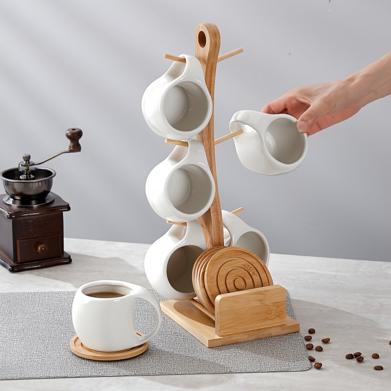 Ceramic Coffee Cup Set with Wooden Coaster and Cup Holder – 6 Piece 200ml 6.8oz for Latte Cappuccino Espresso Tea, Home Office Cafe Gift