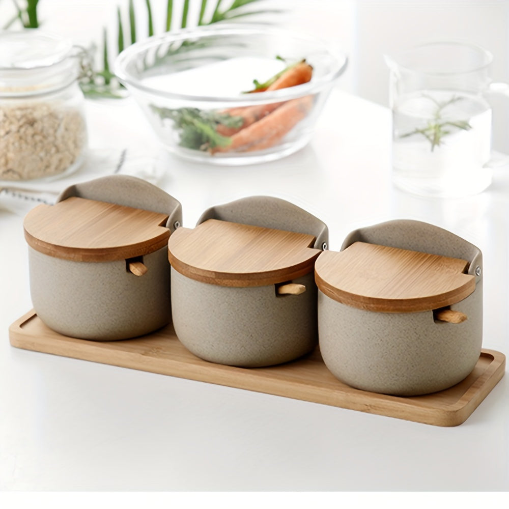 Ceramic Seasoning Pot Set with Tray Lid and Spoon Salt Pepper Spice Jars Kitchen Condiment Containers for Countertop Storage Set of 2 or 3
