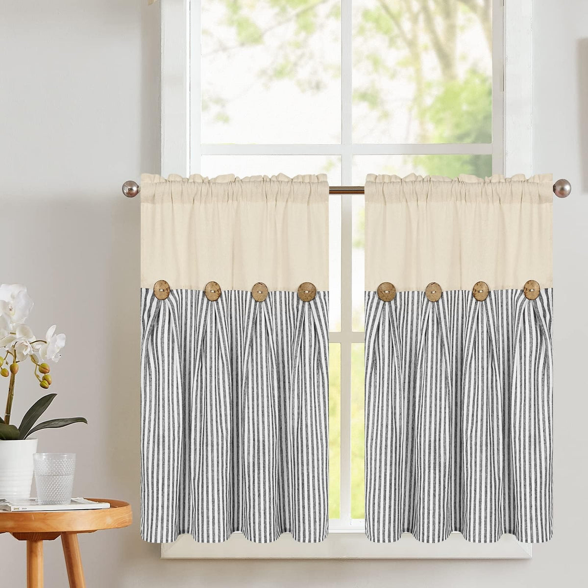 Striped Patchwork Semi-Sheer Rod Pocket Curtains – Bohemian Tiered Window Panels for Bedroom, Living Room, Kitchen, Bathroom & Cafe | 1 or 2 Pcs