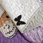 Butterfly Floral Quilted Bedspread Set 3 Piece – Embellished Polyester Coverlet with Floral Butterfly Pattern, Machine Washable All-Season Bedding, Polyester Fill, Queen & King Size, Purple