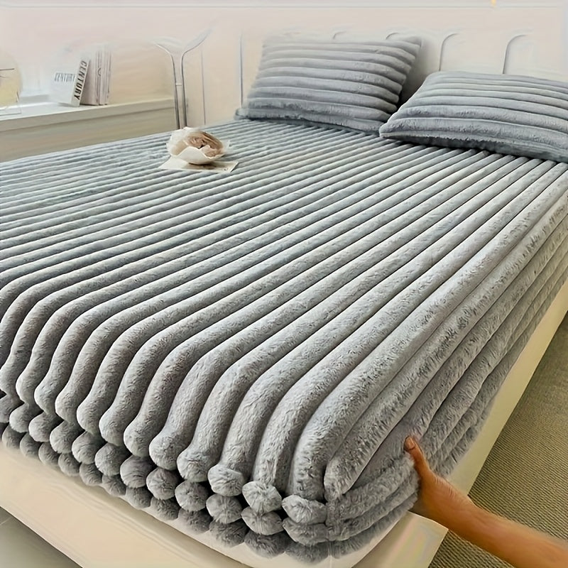 Fuzzy Fleece Fitted Sheet Plush Warm Winter Bedding Stripe Rabbit Fur Soft Thickened Bed Cover Machine Washable Twin Queen King Dark Gray Beige Space Gray