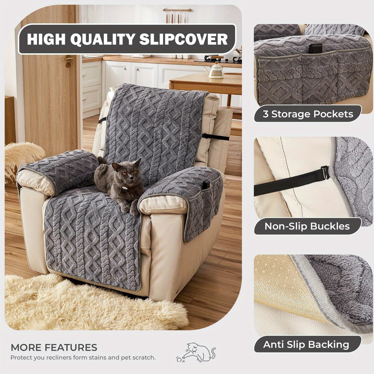 Thickened Shu Velvet Fleece Non-Slip Recliner Cover Plush Sofa Chair Cover – Warm Cozy Furniture Protector for Living Room Office Home, All-Season Recliner Slipcover