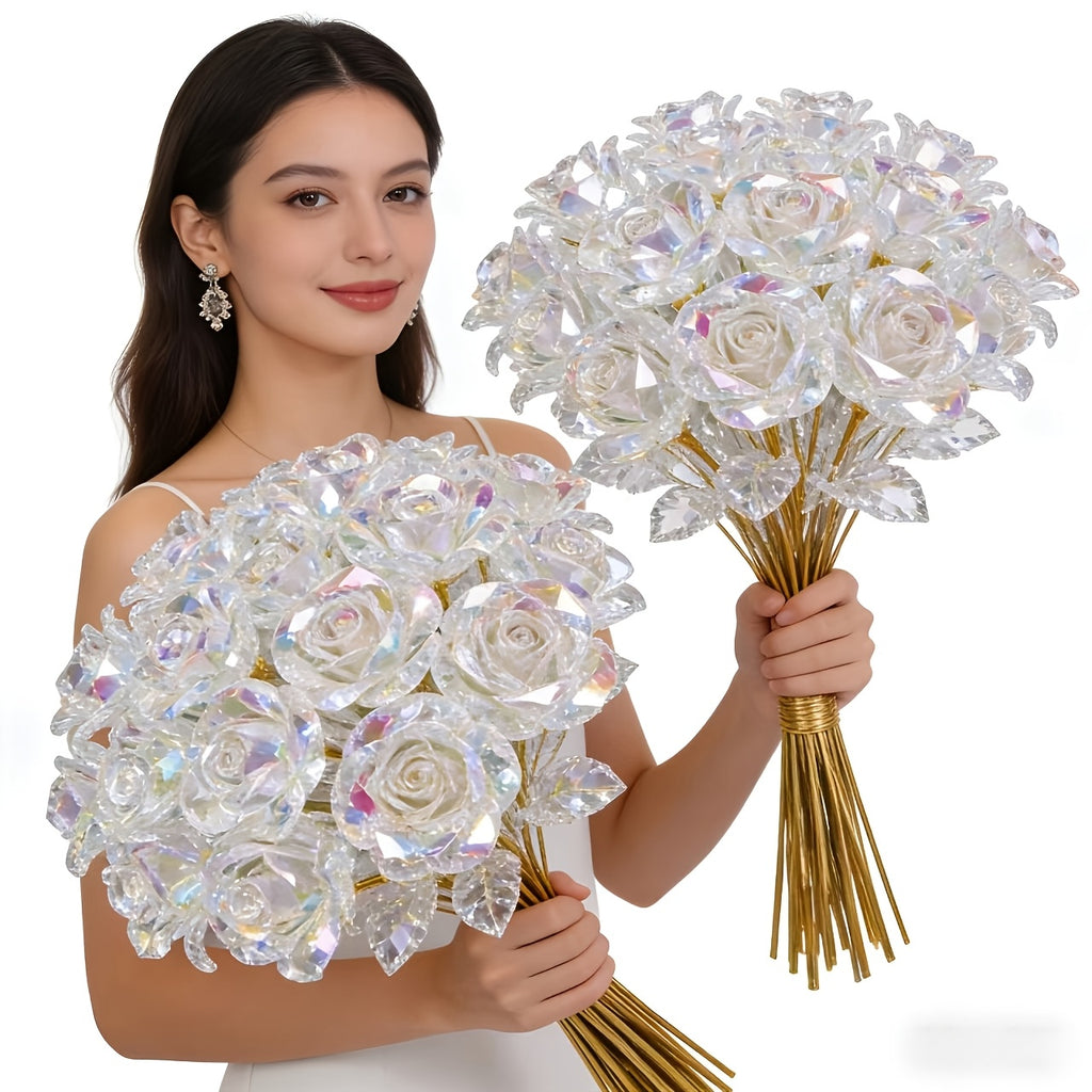 Crystal Rose Bouquet 20pcs Sparkling Eternal Artificial Crystal Flowers, Realistic Faux Rose Set for Weddings, Valentine's Day, Mother's Day, Anniversary, Birthday & Holiday Centerpiece Decoration
