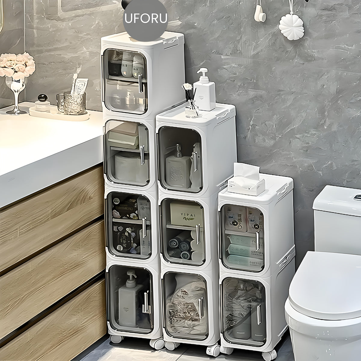 Bathroom Storage Cabinet 1 2 3 4 Tier Foldable Plastic Organizer with Doors and Shelves – Space-Saving Under Sink & Counter Solution