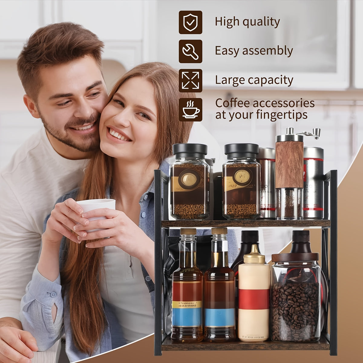Countertop Spice Rack Organizer with Coffee Pod Holder – Metal Kitchen Seasoning Storage Rack for Counter, Powder-Coated Bathroom Cosmetics Organizer