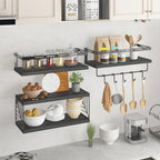 Wall Mounted Shelf 3+1 Tier with Black Metal Guardrails and Storage Baskets Space Saving Floating Shelves for Kitchen Bathroom Bedroom Living Room Home Decor