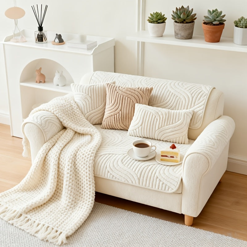 Boho Plush Sofa Cover 2-5 Seater – Non-Slip Backing, Pet-Friendly, Soft Durable Furniture Protector, 4 Colors, All-Season, Living Room Bedroom Office, Off-White Light Grey Dark Gray Light Brown