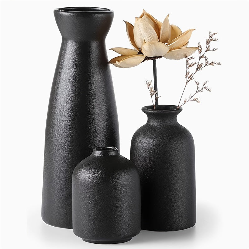 Boho Ceramic Vase Set 3pcs Matte Nordic Minimalist Geometric & Floral Designs, Decorative Vases for Living Room, Entryway, Bookshelf, TV Console & Bathroom Vanity, Holiday & Birthday Gift