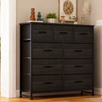 9 Drawer Fabric Dresser with Bins – Tall Chest of Drawers Organizer for Bedroom Closet Hallway Nursery, Steel Frame Wood Top Easy Pull Handles