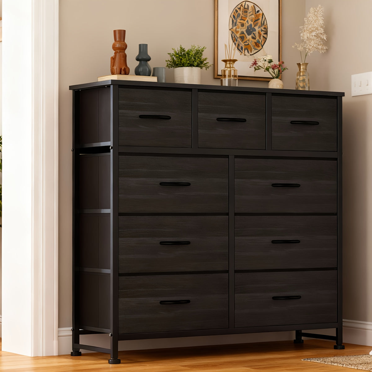 9 Drawer Fabric Dresser with Bins – Tall Chest of Drawers Organizer for Bedroom Closet Hallway Nursery, Steel Frame Wood Top Easy Pull Handles