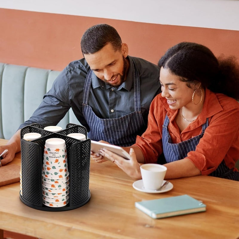 Rotating Paper Cup Holder with 4 Compartments | Disposable Coffee Cup Dispenser & Lid Rack for Countertop, Kitchen, Coffee Station & Bathroom | White or Black