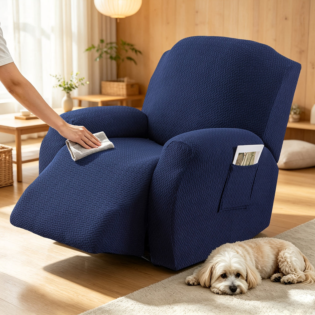 Recliner Sofa Cover 4pcs Set Jacquard Velvet High Elastic with Pocket – Removable Washable Chair & Sofa Protection Cover for Home Hotel, 7 Colors