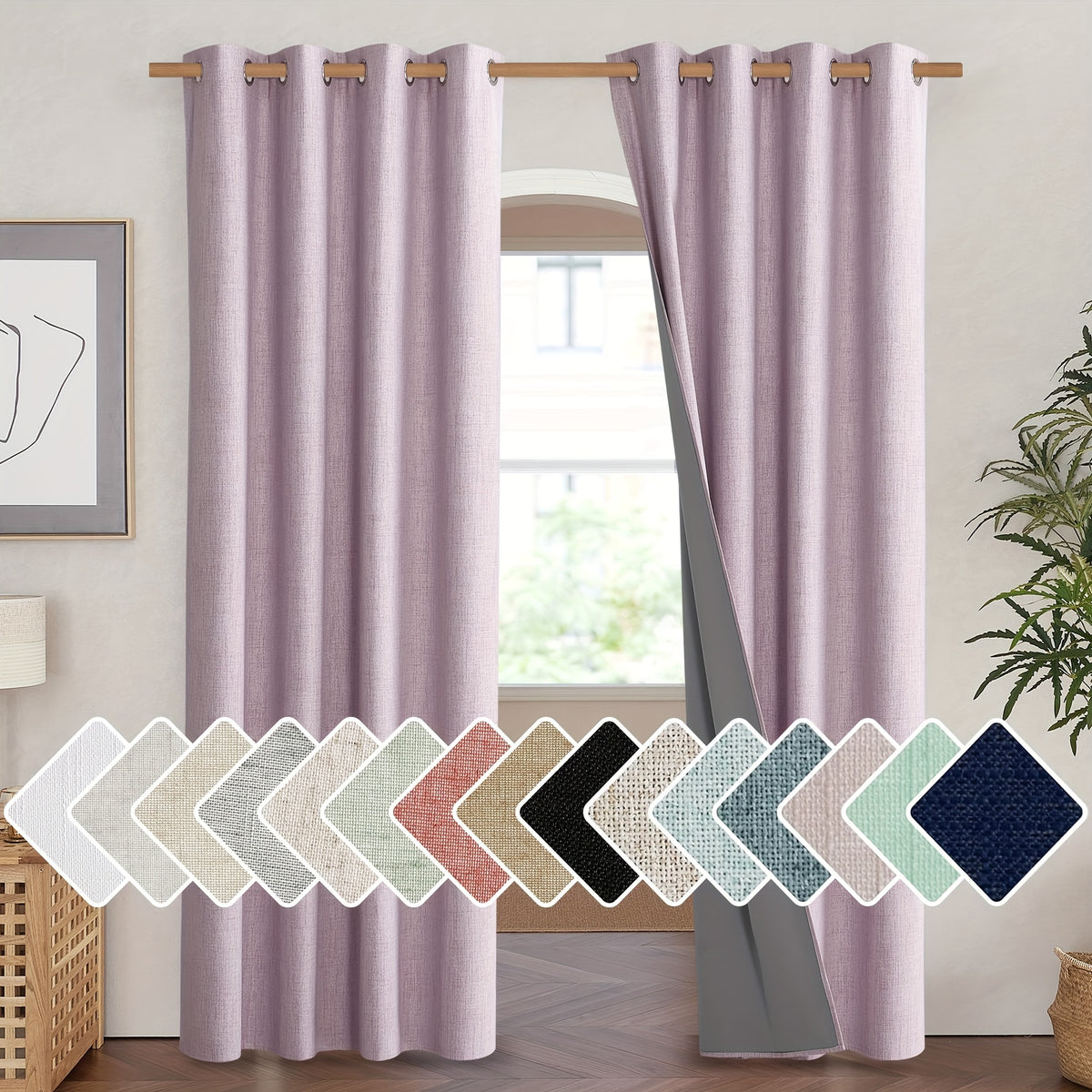 Linen Blackout Curtains 2 Panels 100% Farmhouse Grommet Top – Thermal Insulated Thick Window Drapes for Living Room Bedroom, 11 Colors 6 Sizes