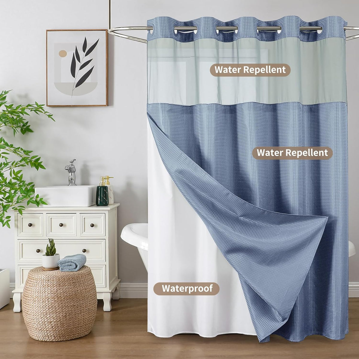 Hookless Waffle Shower Curtain Liner Set with Snap-In Liner Double Layer Window Panel – 6ft x 74.8 Inch Easy-Clean Polyester Bathroom Curtain for Home & Hotel