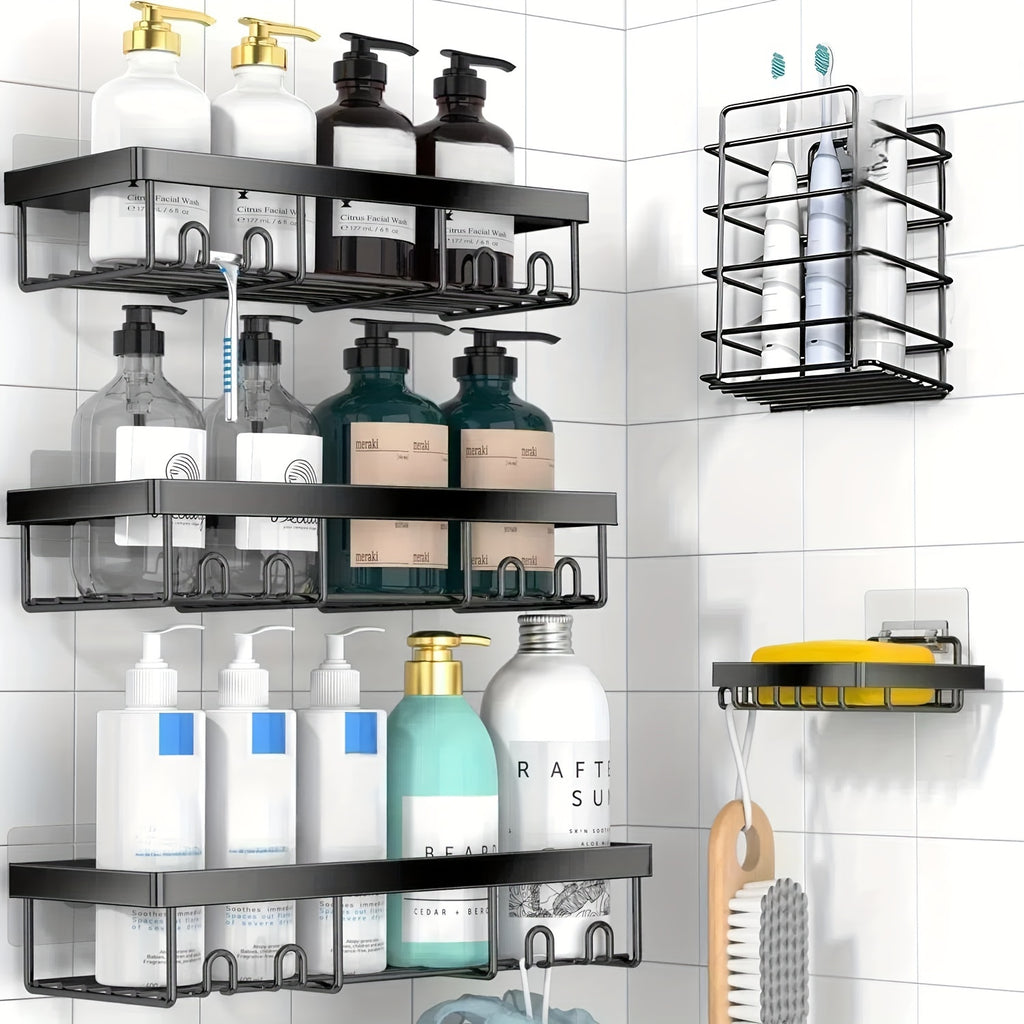 Shower Caddy 5 Pack Self-Adhesive Stainless Steel Shower Organizer Shelf - No Drilling Wall Mounted Bathroom Storage Rack, Large Capacity Rustproof Shower Basket - 10 Color Options