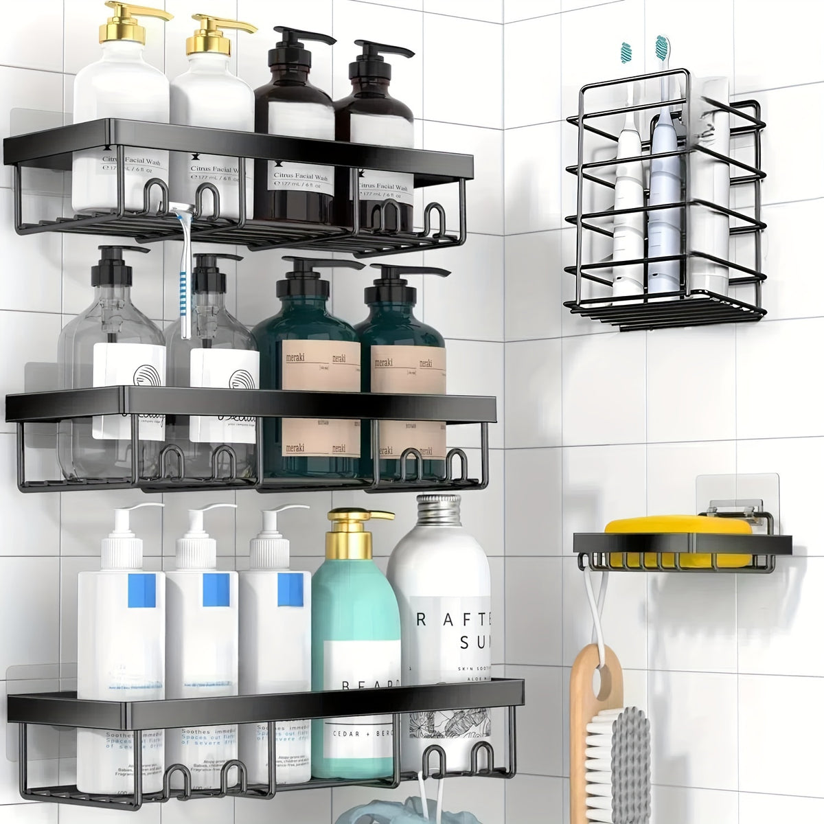 Shower Caddy 5 Pack Self-Adhesive Stainless Steel Shower Organizer Shelf - No Drilling Wall Mounted Bathroom Storage Rack, Large Capacity Rustproof Shower Basket - 10 Color Options
